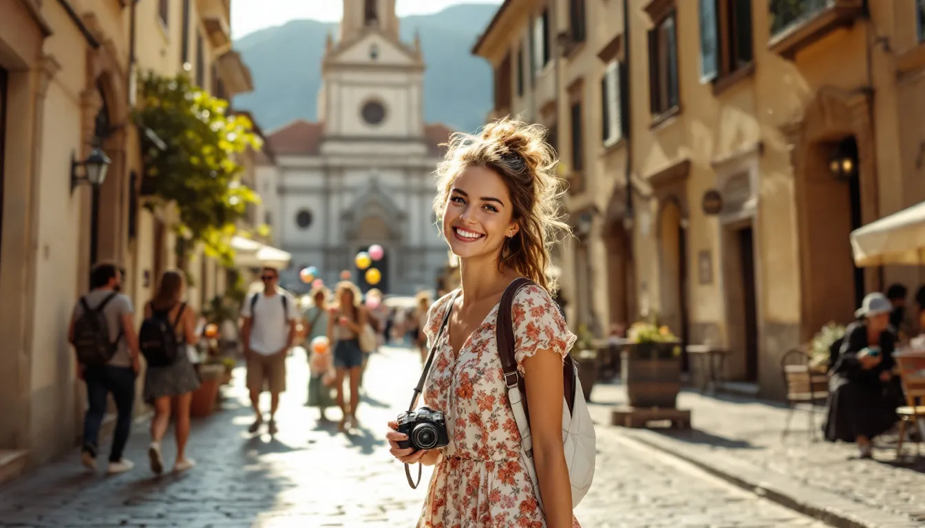 A solo female traveler exploring the streets of Italy, highlighting safety tips for traveling alone.