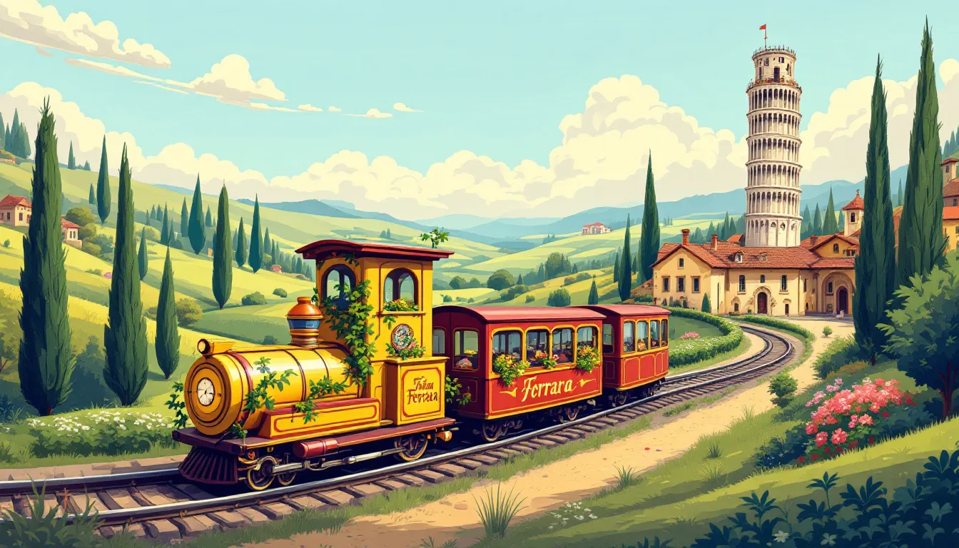 A scenic view of Italian countryside showcasing train travel options.